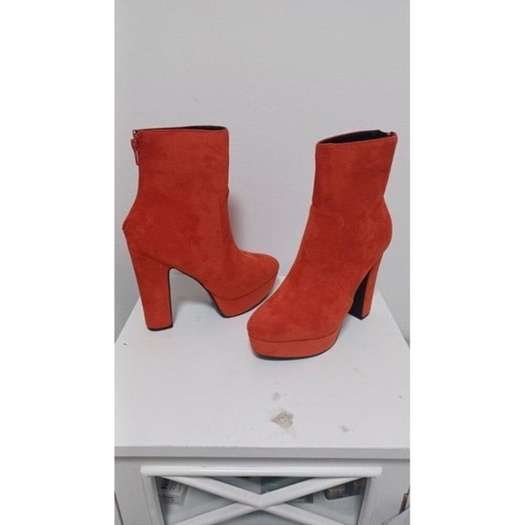 Women's TRENDY orange suede faux leather 5" block heel platform boots Size 7 - Picture 6 of 14